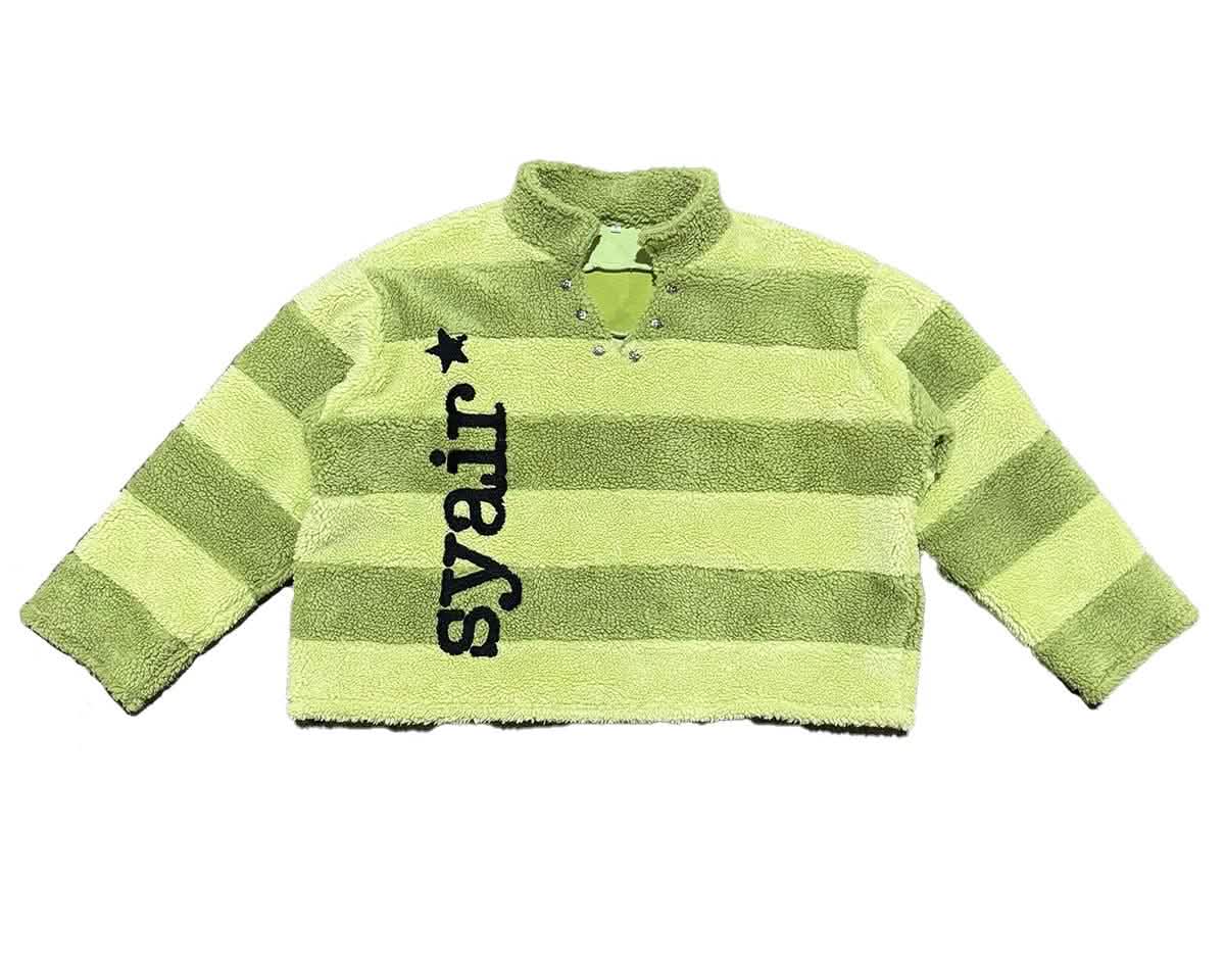 Green striped sweater with 'syair' branding on a white background