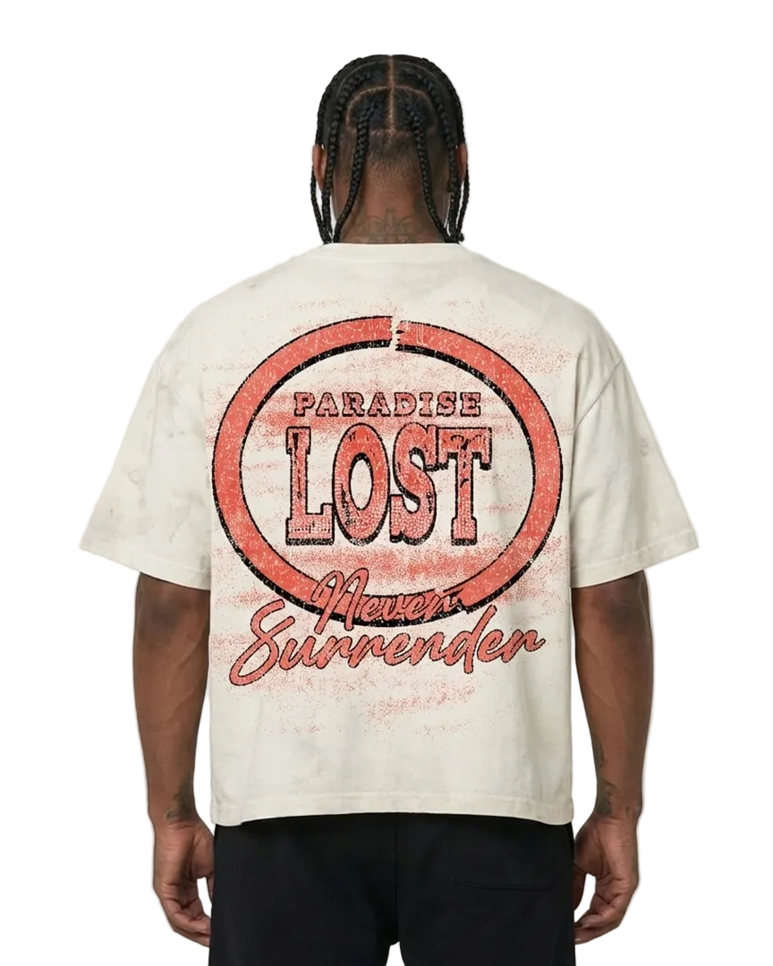 Person wearing a white t-shirt with 'Paradise Lost Never Surrender' text design on the back.