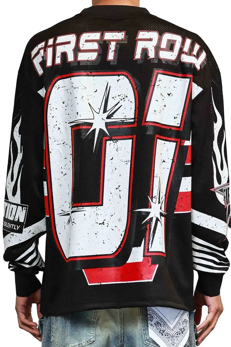 Black long-sleeve shirt with 'FIRST ROW' and number '07' design on a white background