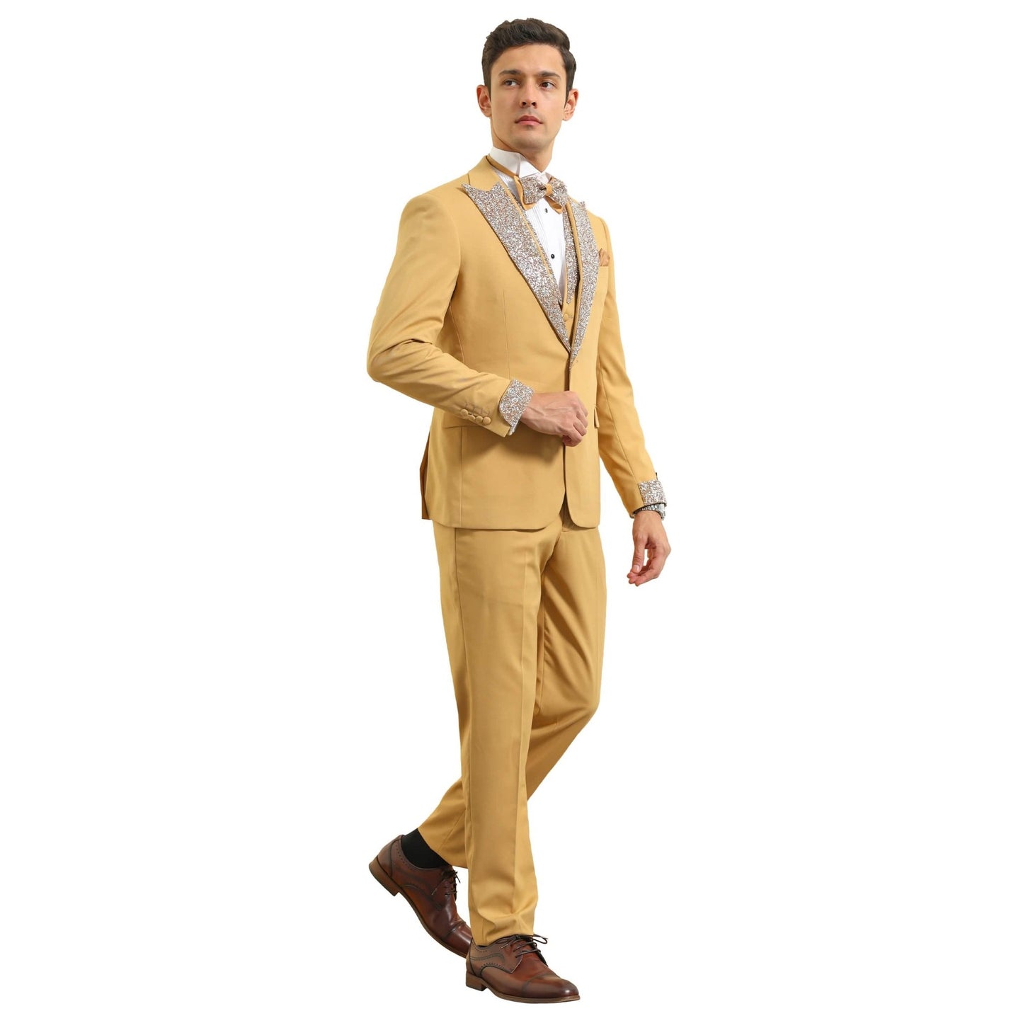 3 PC Solid Satin Rhinestone Peak Lapel Collared Vest Suit from On Time Fashions – Mens-suit by Tazzio, Birmingham AL’s 1 fashion store and premier destination for streetwear, suits, kids fashion, and big & tall