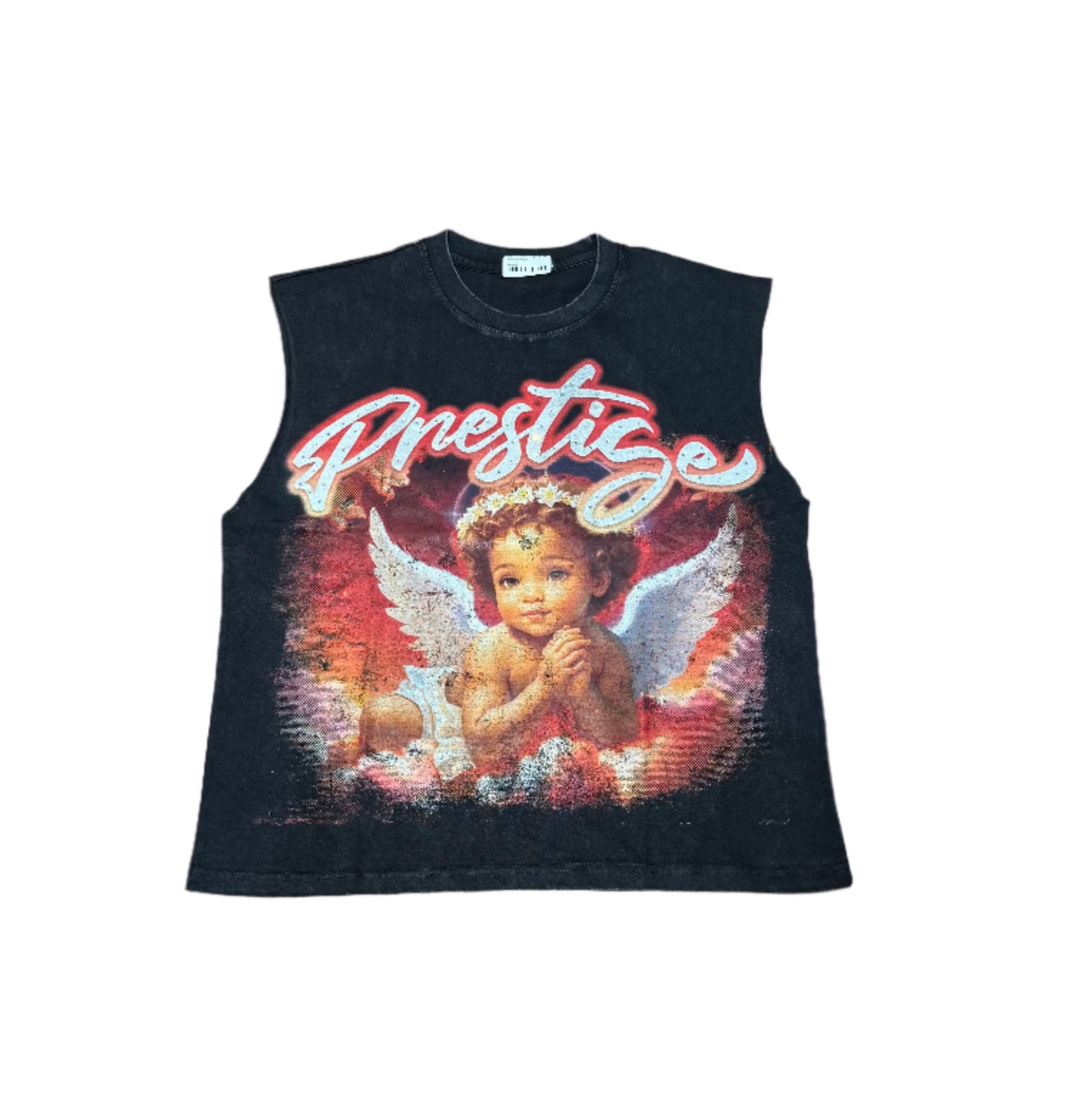 Black sleeveless shirt with angel graphic and 'Prestige' text.
