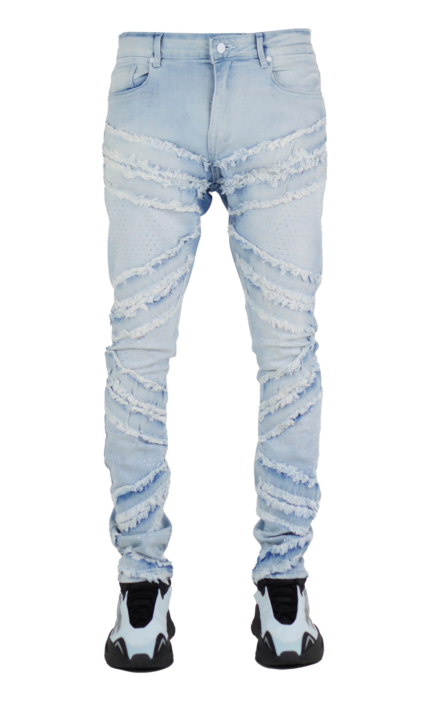 Light blue distressed jeans on a white background