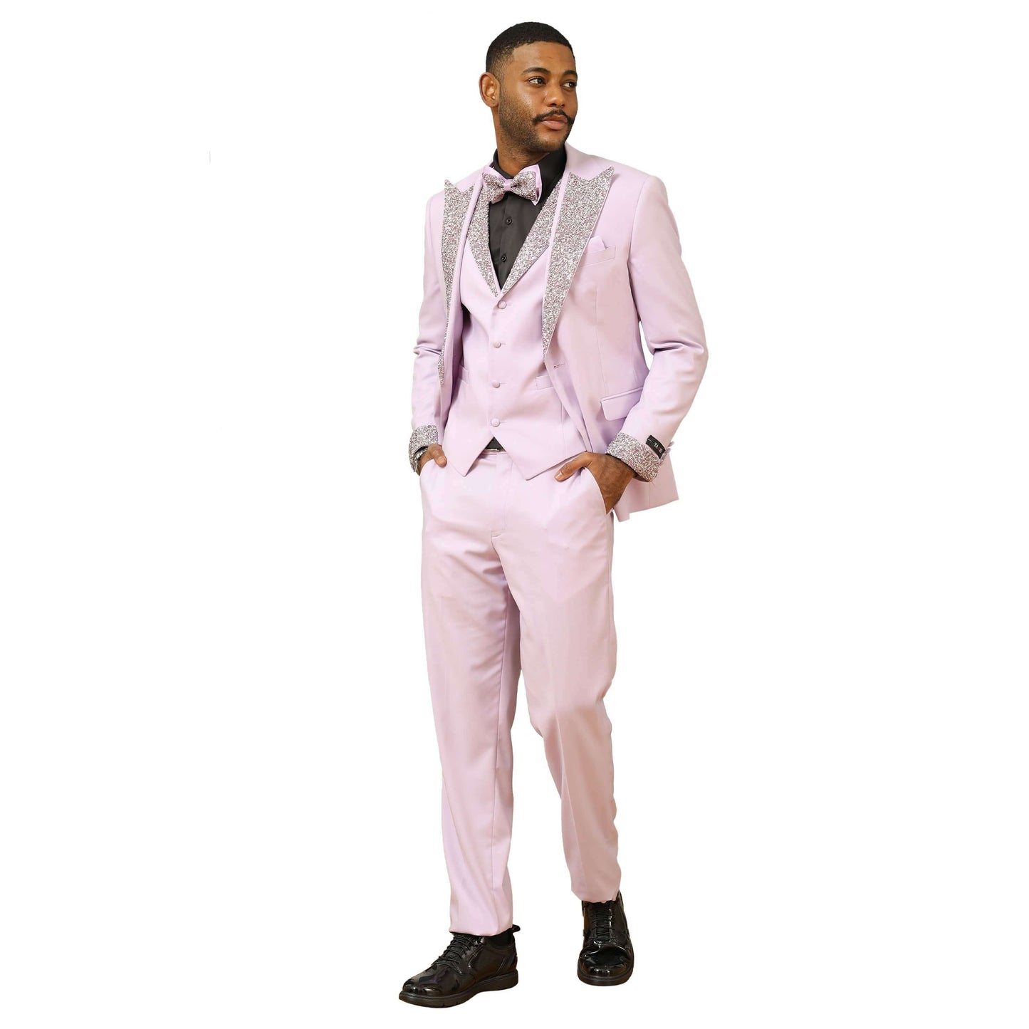 3 PC Solid Satin Rhinestone Peak Lapel Collared Vest Suit