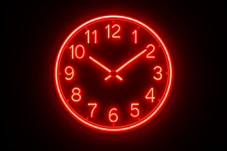 a red neon clock with a black background