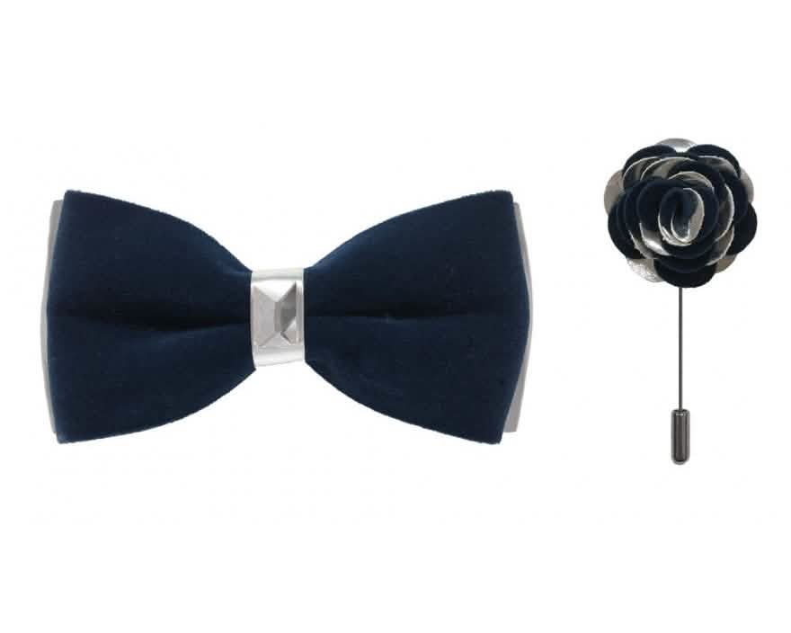Brand Q Silver Two Toned Velvet Bow Ties with Matching Pin Lapels