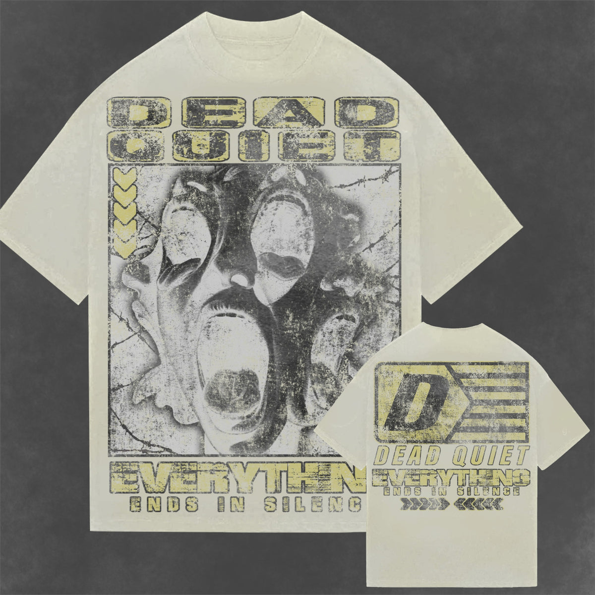 DEADQUIET Ends In Silence Tee in Vintage White, showing front and back graphics