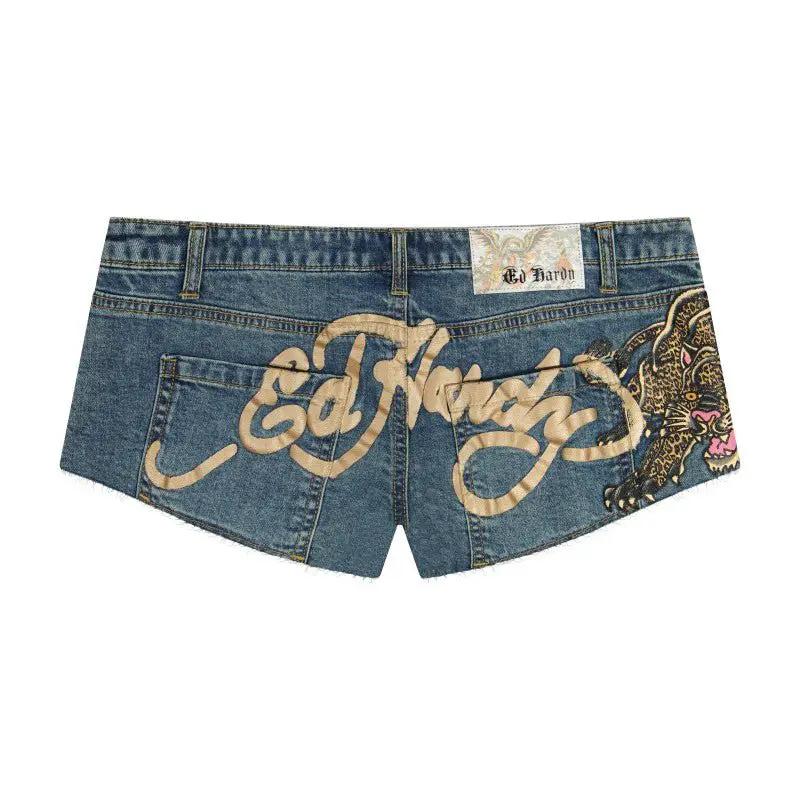 Ed Hardy Leopard Panther Studded Micro Denim Short by Ed Hardy