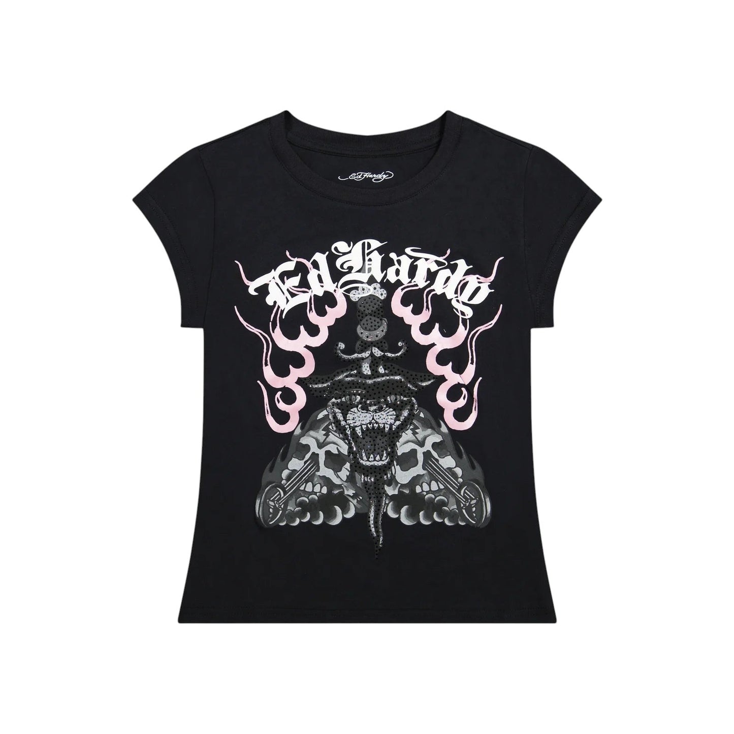 Ed Hardy Panther Dagger Rhinestone Cap Sleeve Tee from On Time Fashions – Women's tee by Ed Hardy, Birmingham AL’s 1 fashion store and premier destination for streetwear, suits, kids fashion, and big & tall