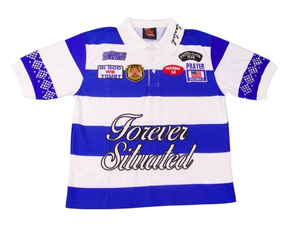 Blue and white striped polo shirt with text and logos on a white background