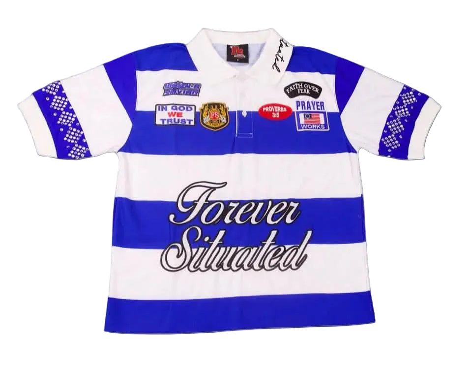 Blue and white striped polo shirt with text and logos on a white background