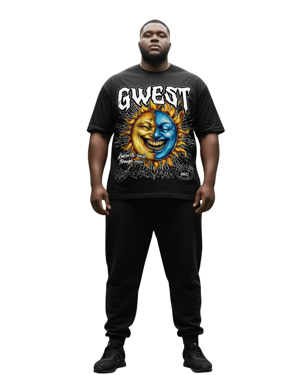 G West Big & Tall Rhinestone Pain & Peace Tee in Black/Blue with yellow artwork, front view