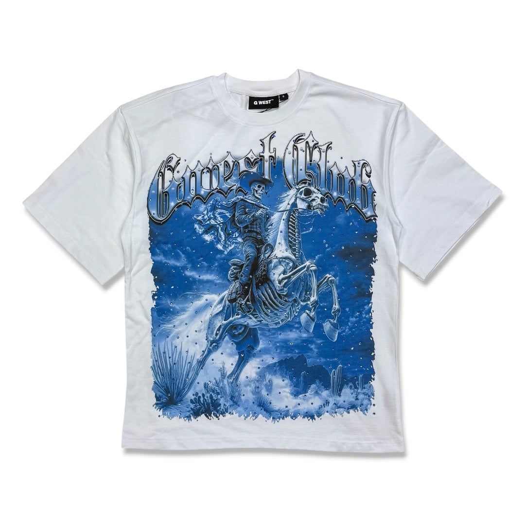 G West Rhinestone Rider Of Flames Tee in White/Blue/White