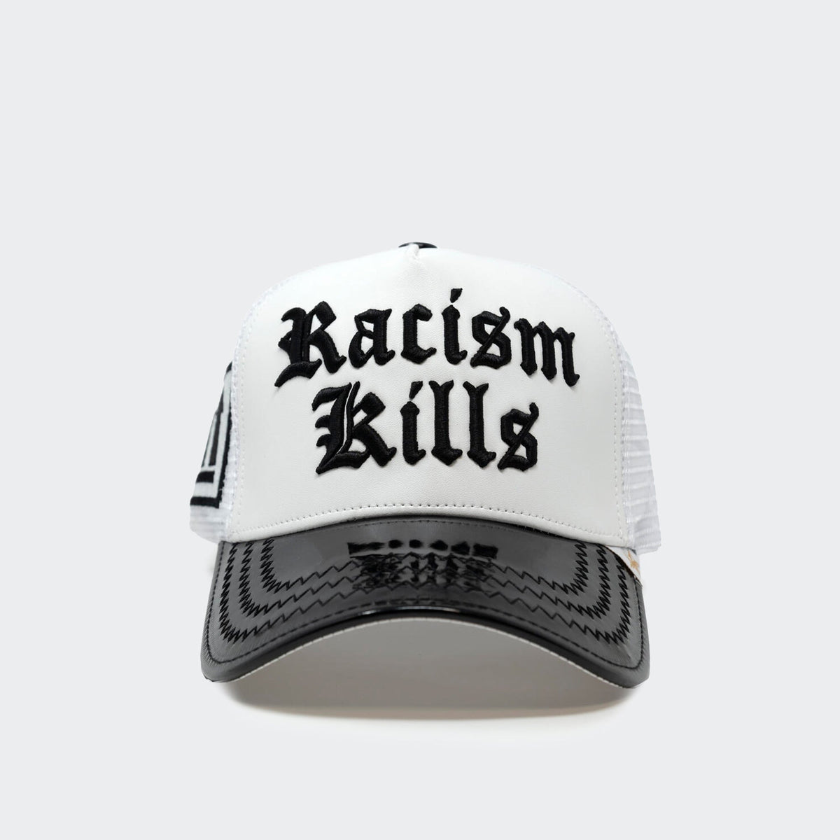 Gold Star GS268 Racism Kills trucker hat in White/Black, front view