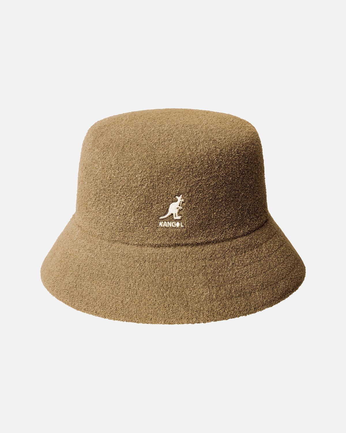 Kangol Bermuda Bucket hat in Oat, front view with embroidered kangaroo logo