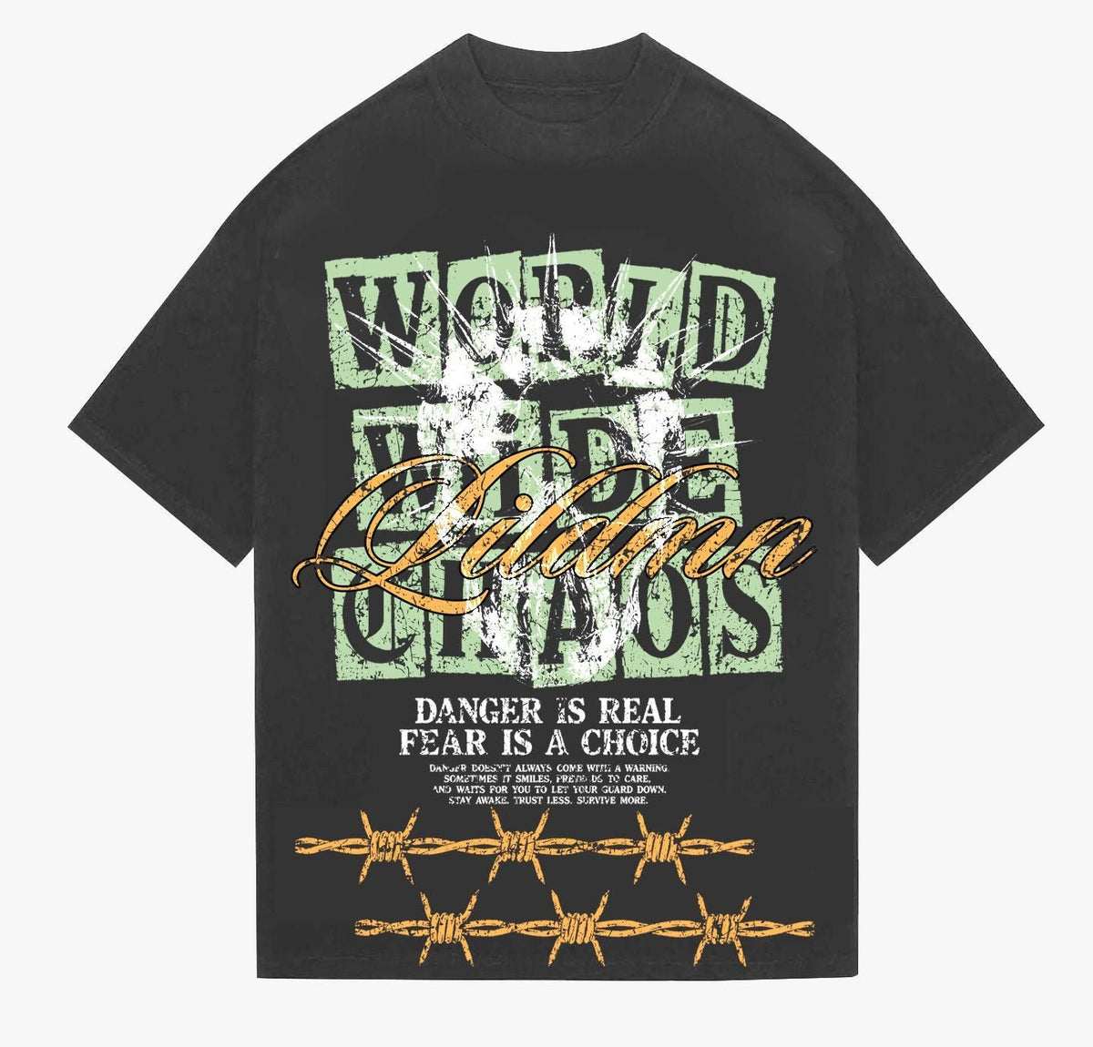 LILDMN World Wide Chaos Tee from On Time Fashions – Graphic Tee by LILDMN, Birmingham AL’s 1 fashion store and premier destination for streetwear, suits, kids fashion, and big & tall