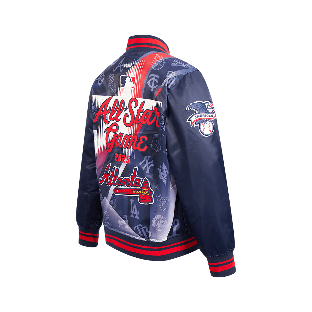 Pro Standard kids MLB All-Star 2025 satin jacket in Midnight Navy/Red/Midnight Navy, back angle