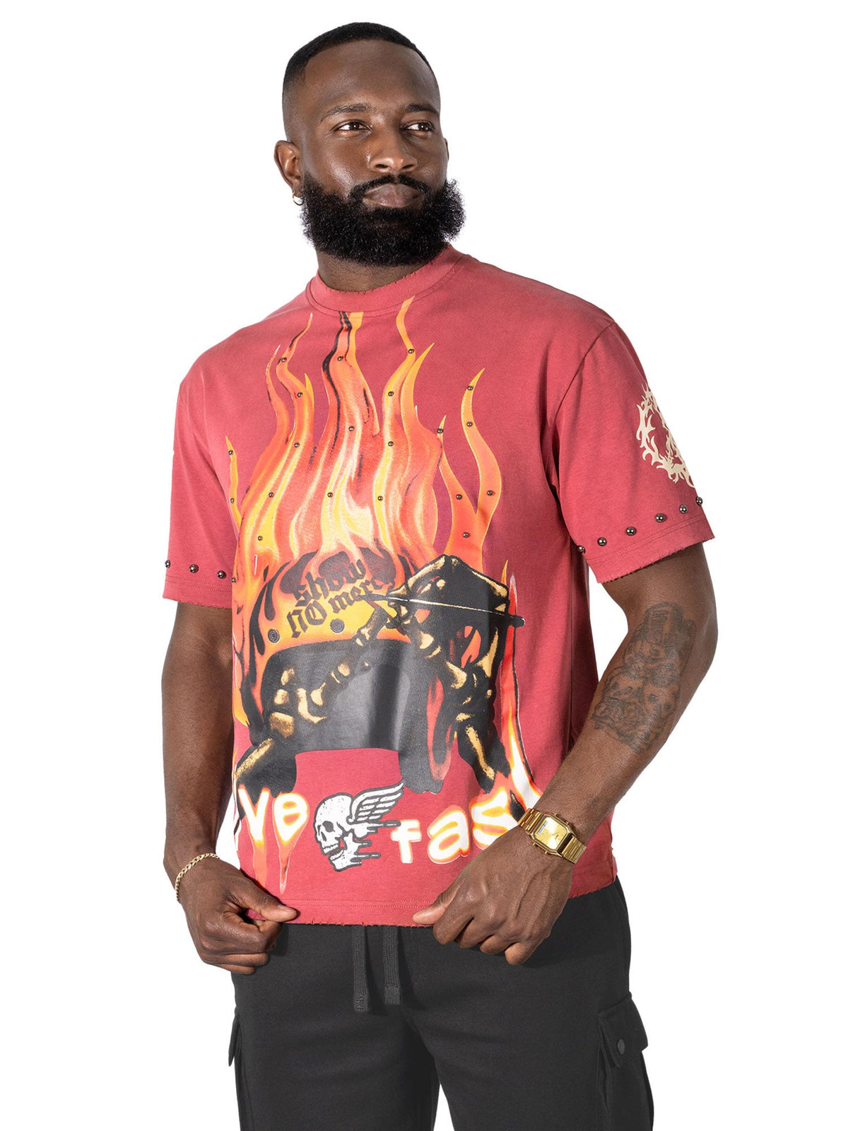 Makobi M382 Ride Or Die tee in Burgundy with flame graphics and studded accents, front view on model