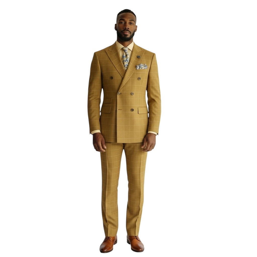 Mazari 2354 two-piece windowpane suit in Mustard, double-breasted jacket and matching trousers on model