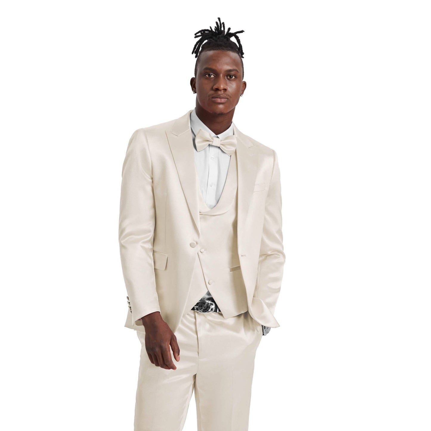 Men's Champagne Solid Shiny U-Shape Vest Suit from On Time Fashions – Mens-suit by Tazzio, Birmingham AL’s 1 fashion store and premier destination for streetwear, suits, kids fashion, and big & tall