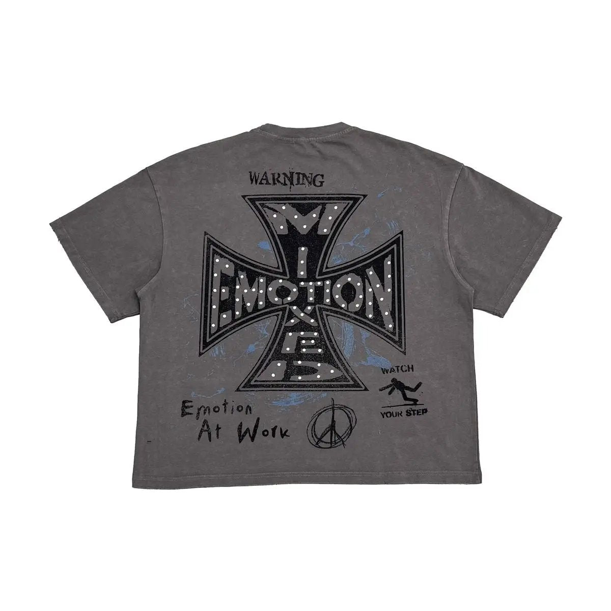 Back of grey Mixed Emotion Friends Tee with cross graphic, peace sign and Emotion At Work lettering.