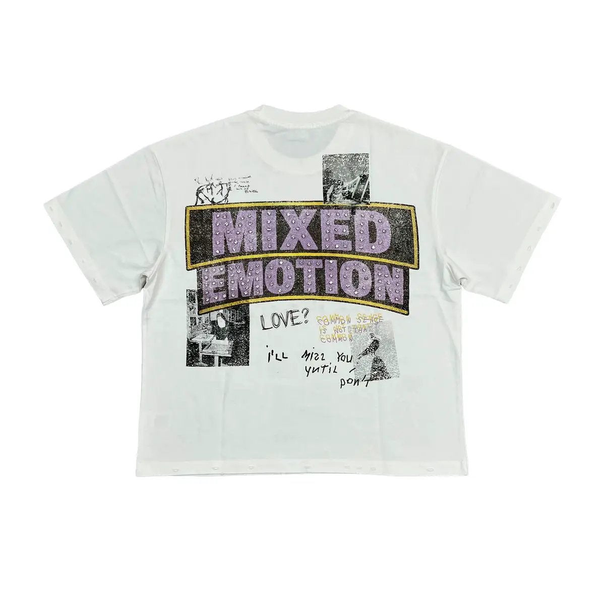 Back of white Mixed Emotion Lost Identity Tee with purple lettering over black and white collage artwork.