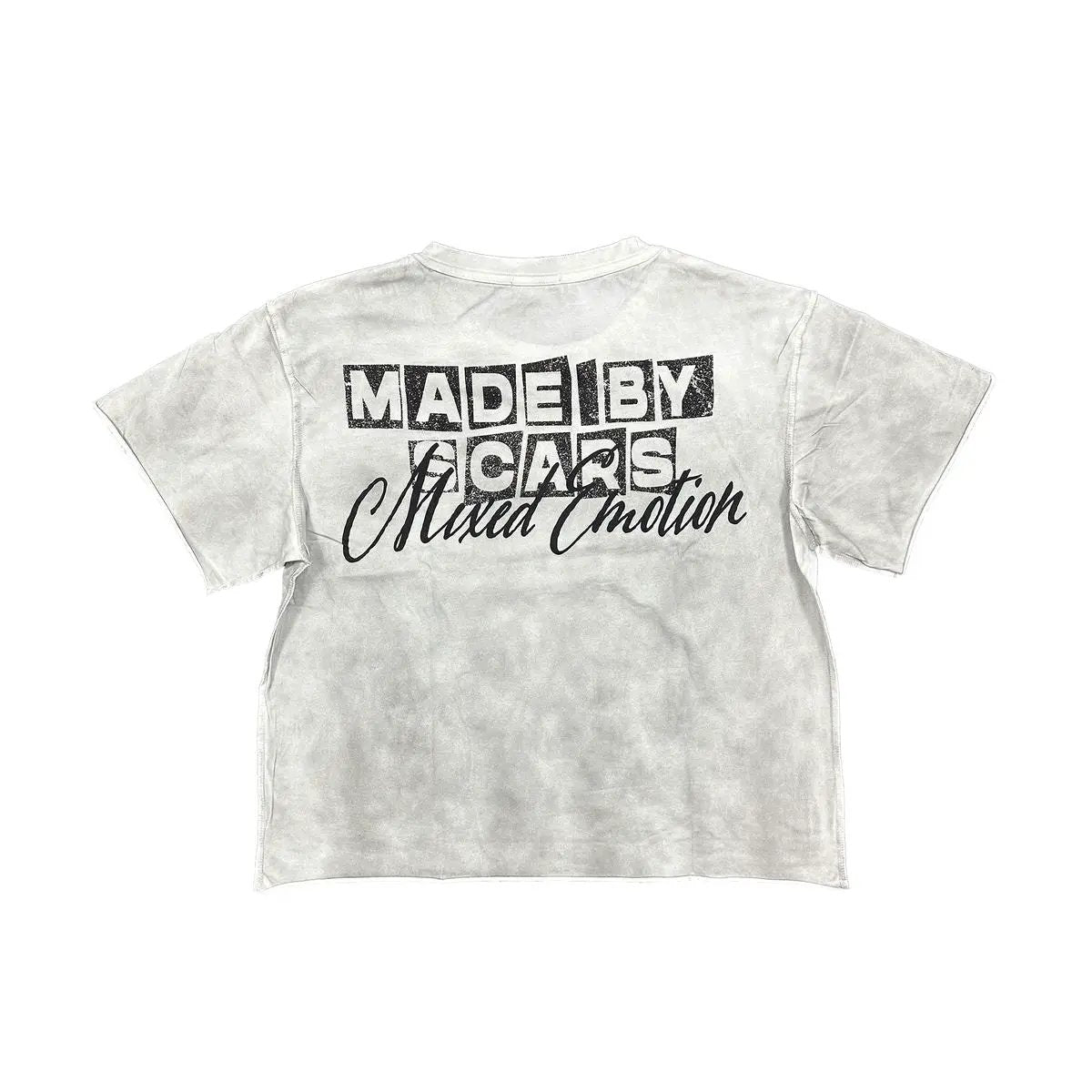 Back of white Mixed Emotion Oversize XIX Tee with Made by Scars lettering and Mixed Emotion script.