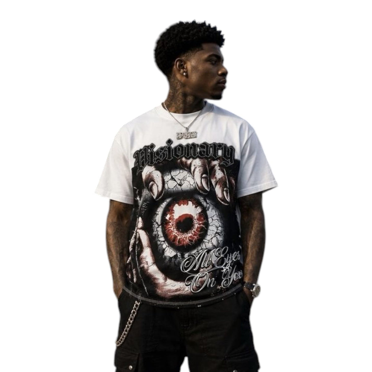 MND GMZ MG089 Visionary graphic tee in White and Red, model front view