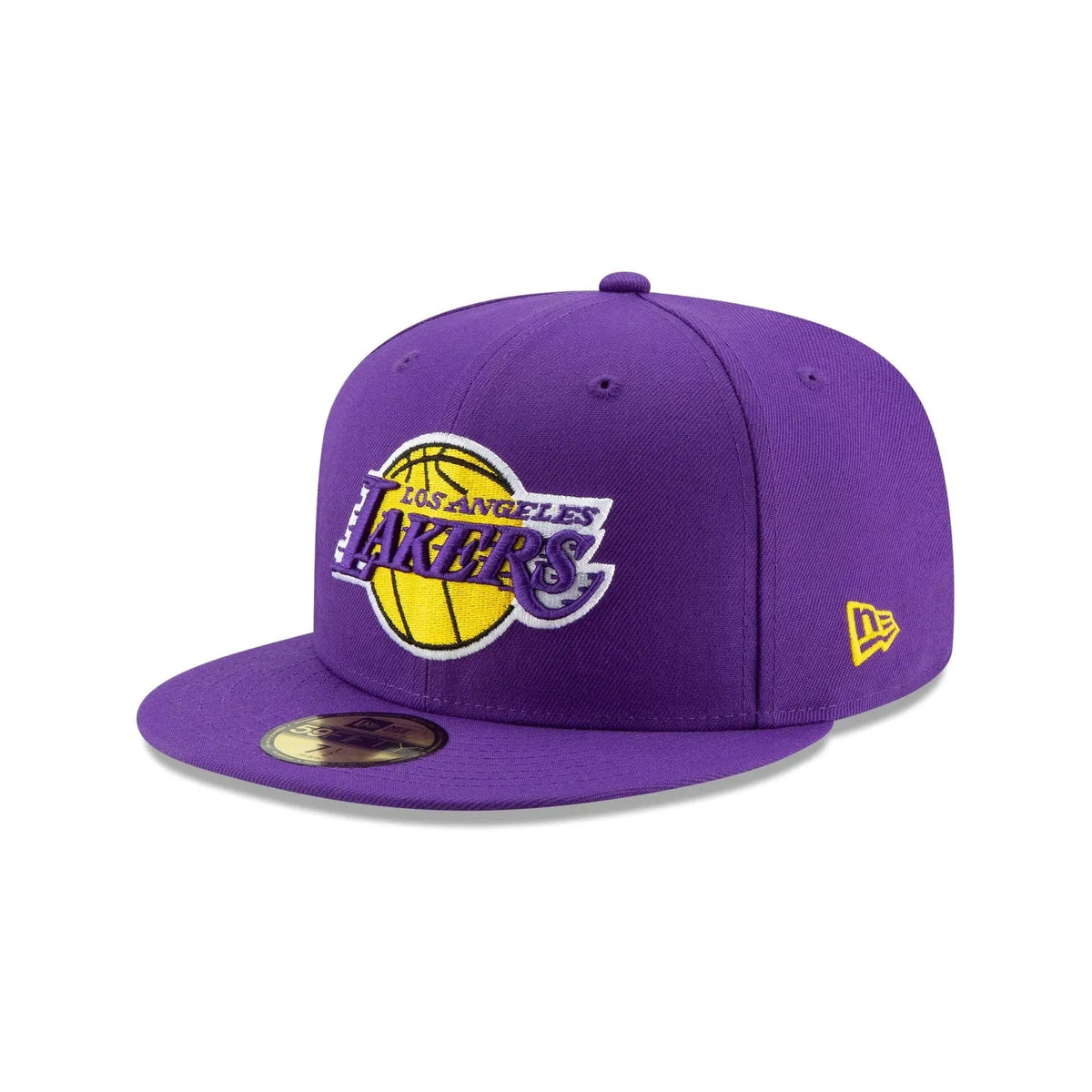 Front and side of purple New Era 59Fifty Los Angeles Lakers cap with matching purple visor and team logo.