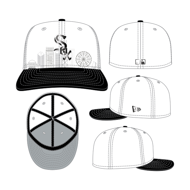 New Era supplier artwork: Chicago White Sox skyline 59FIFTY fitted hat in white and black, multiple views