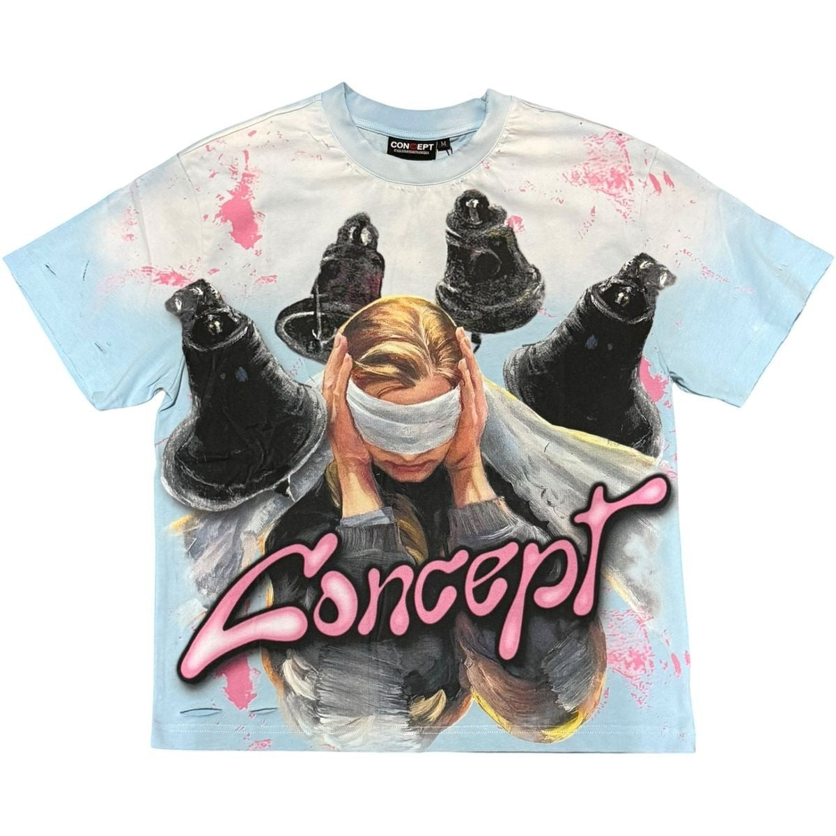 On Time Fashions Concept LA Silence Tee in light blue with graphic print of a blindfolded figure and pink paint splatters