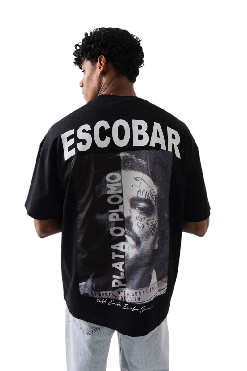 On Time Fashions black cotton t-shirt with 'Escobar' and 'Plata O Plomo' graphic print of Pablo Escobar.