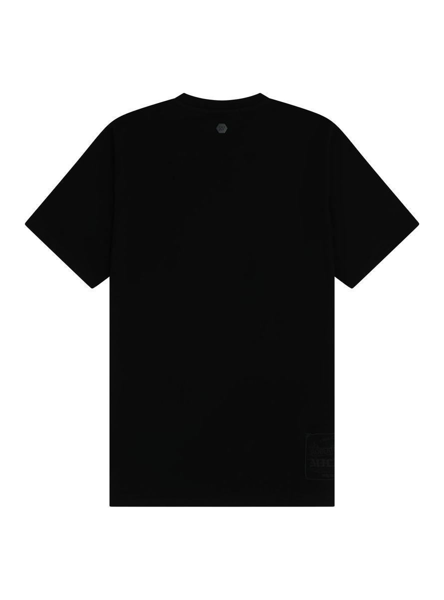On Time Fashions black slim-fit cotton tee with distressed Milano graphic on front and subtle logo detail on back.