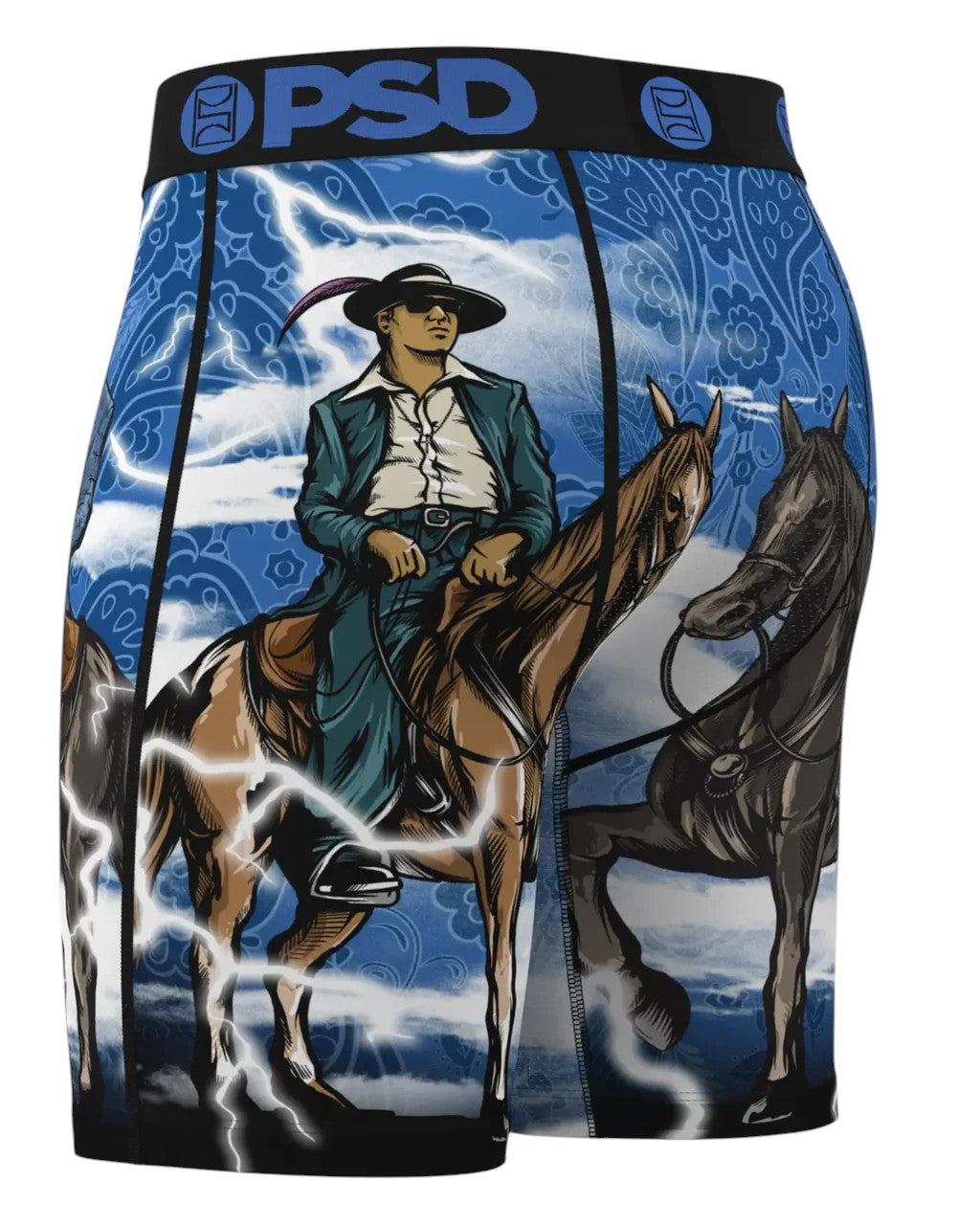 On Time Fashions PSD Noontide men's boxer briefs with cowboy on horse graphic, blue lightning print, and stretch comfort.