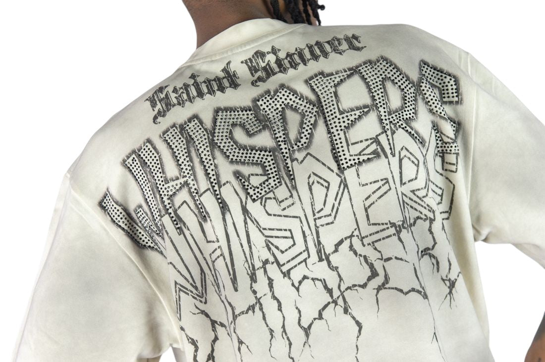 On Time Fashions Rebel Minds Whispers crop tee in off-white cotton-poly with back graphic and distressed detailing.