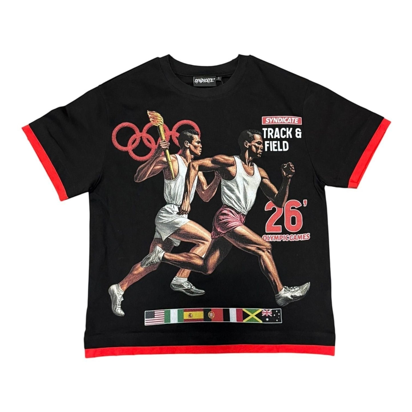 On Time Fashions Syndicate Olympic Tee in black with vintage track and field graphic, red trim, and Olympic rings.
