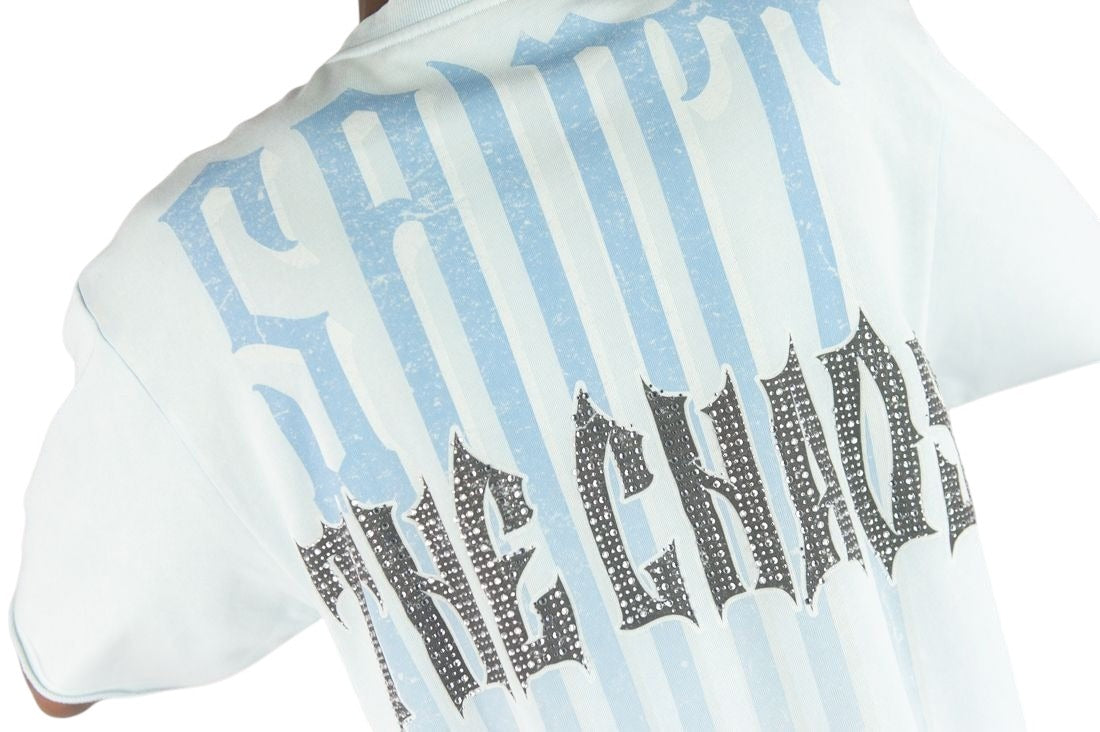 On Time Fashions light blue crop tee with rhinestone graphic lettering and distressed print detail.