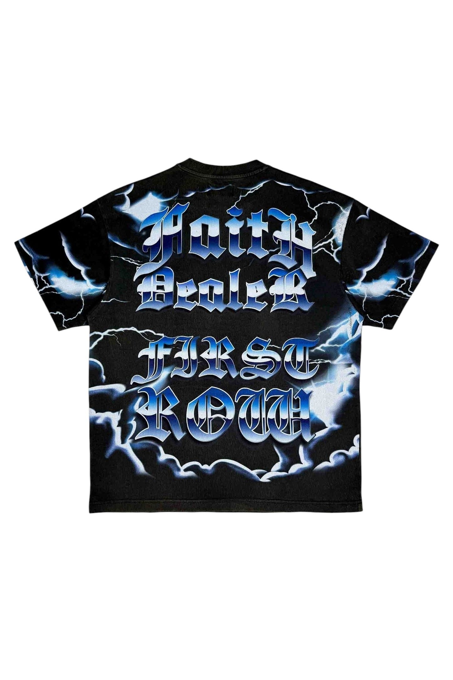 On Time Fashions black cotton t-shirt with blue lightning graphic and gothic text reading "Faith Dealer First Row".