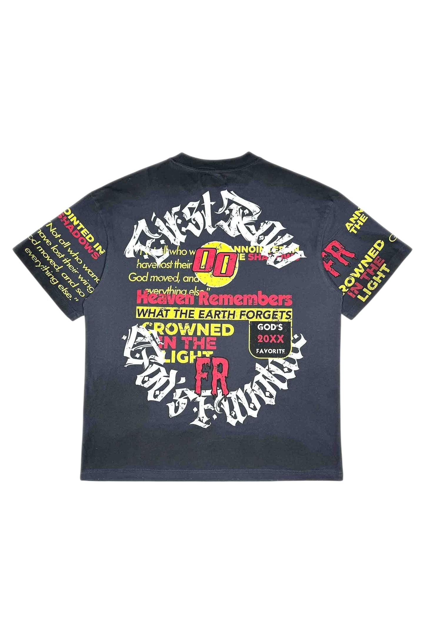 On Time Fashions black cotton graphic t-shirt with 'God's Favorite' text and distressed details.