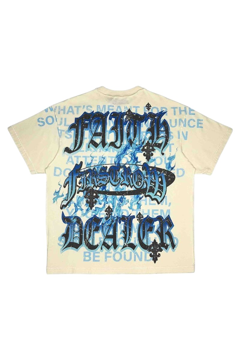 On Time Fashions cream 100% cotton graphic tee with blue flame and gothic text design reading "FAITH DEALER"
