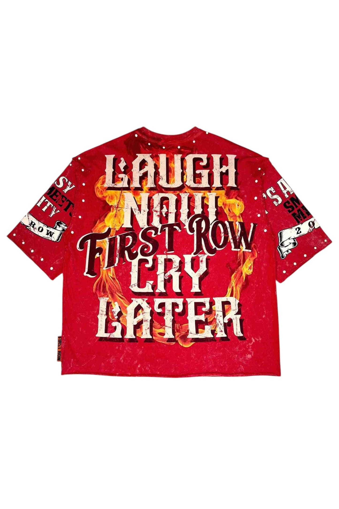 On Time Fashions red cropped tee with "Laugh Now Cry Later" graphic and flame print. Features pearl stud details and raw hem.