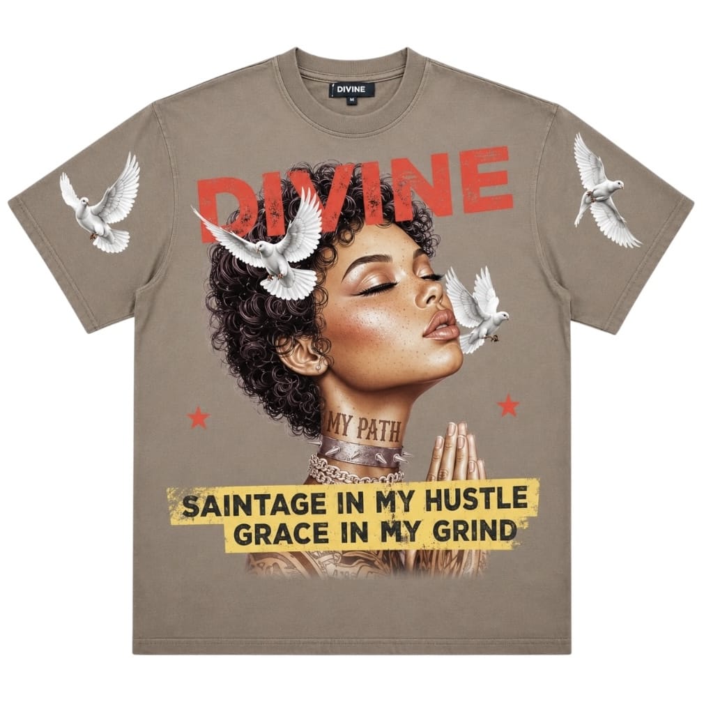 Roku Studio RK1482092 Divine Faded Boxy Tee in Dark Taupe with red Divine lettering, portrait and dove graphics