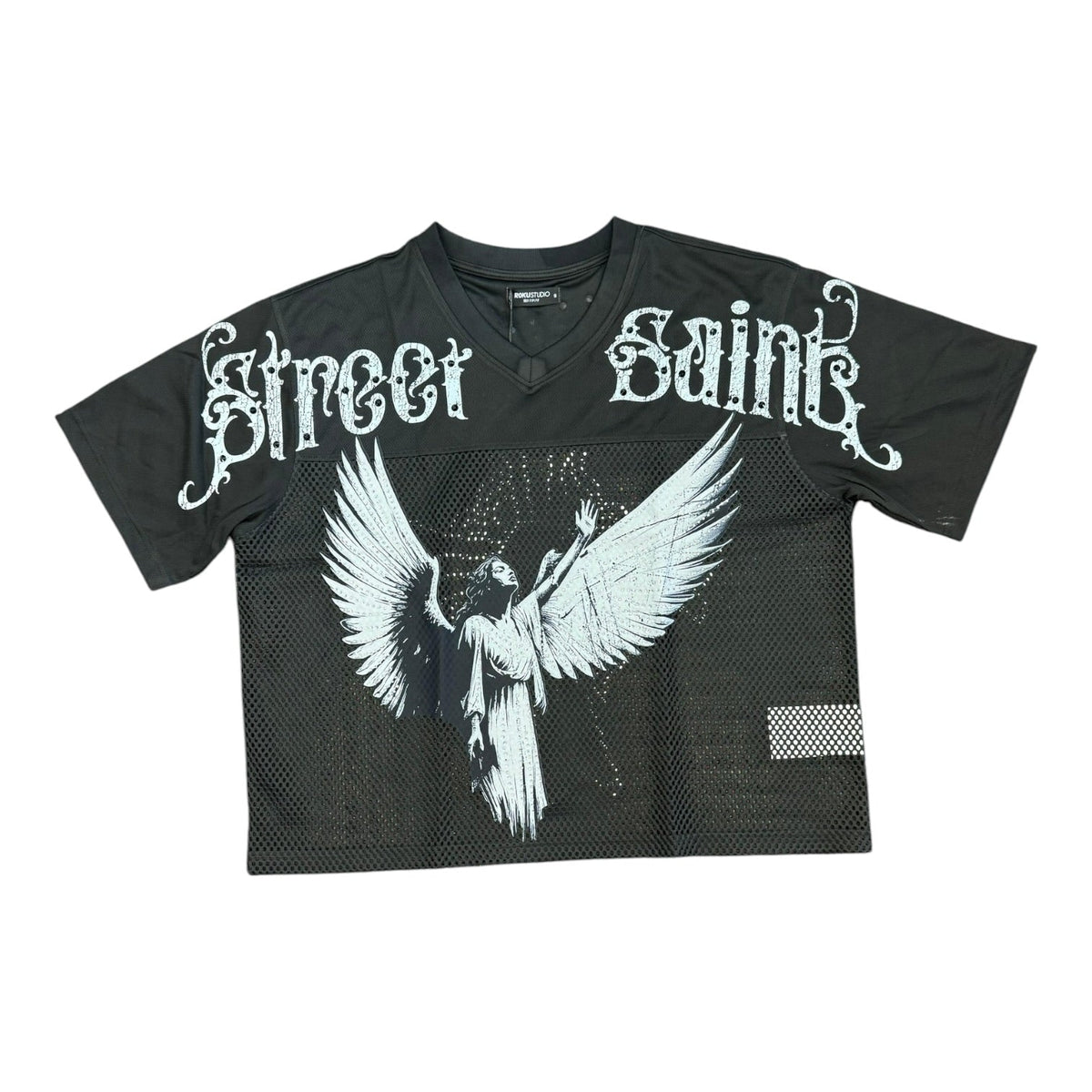 Roku Studio RK1482031 Street Saints mesh jersey in Black with white winged angel graphic and V-neck