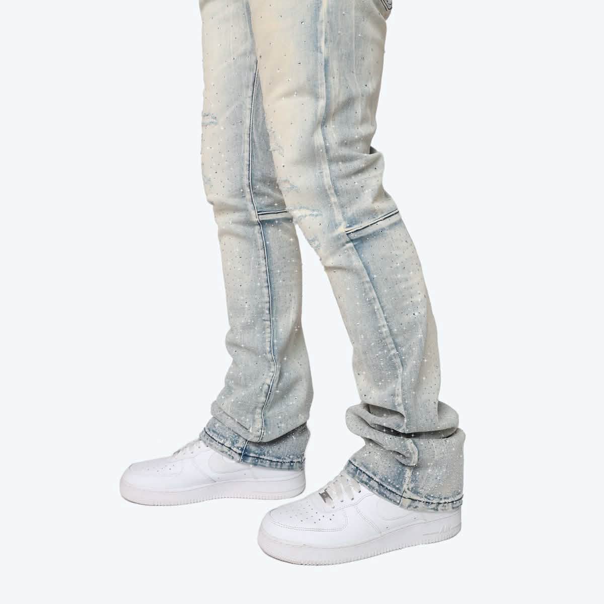 Smoke Rise All Rhinestone Jean showcasing trendy streetwear style. Shop online or in-store in Birmingham, Alabama.