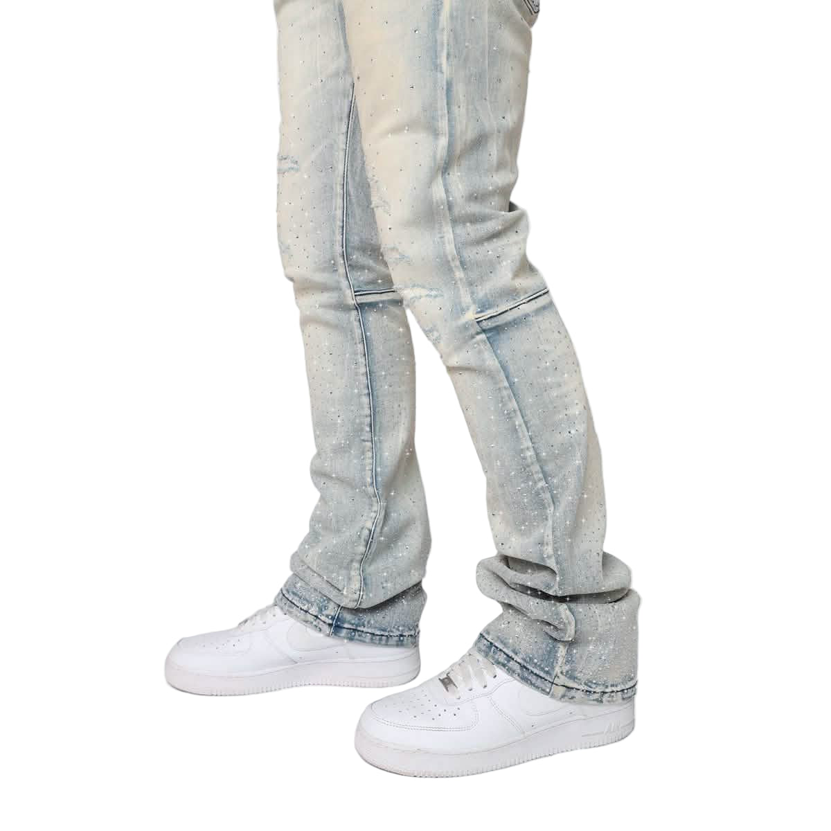 Smoke Rise All Rhinestone Jean showcasing trendy streetwear style. Shop online or in-store in Birmingham, Alabama.