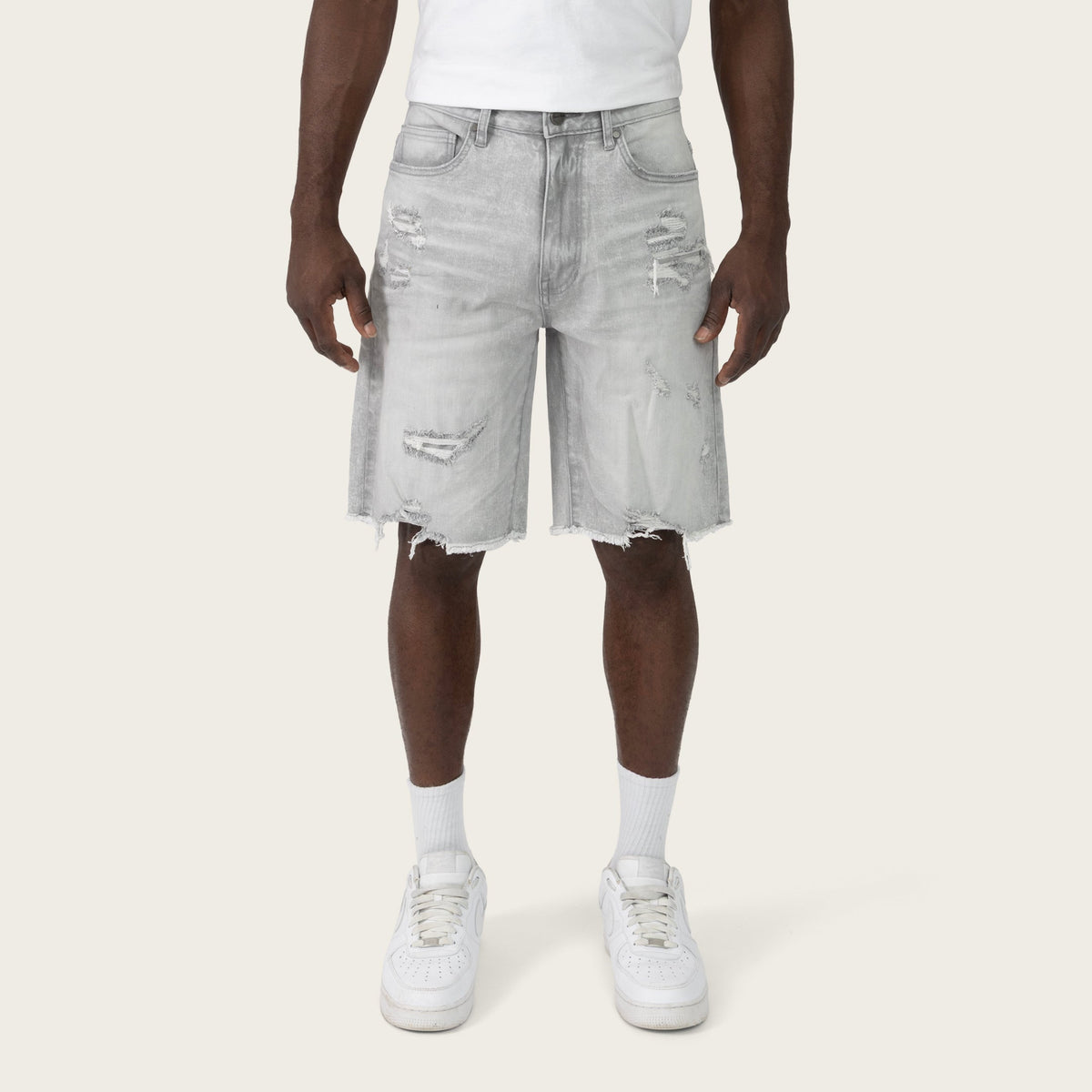 Smoke Rise JS25208 comfort fit denim shorts in Breezy Gray, front view on model