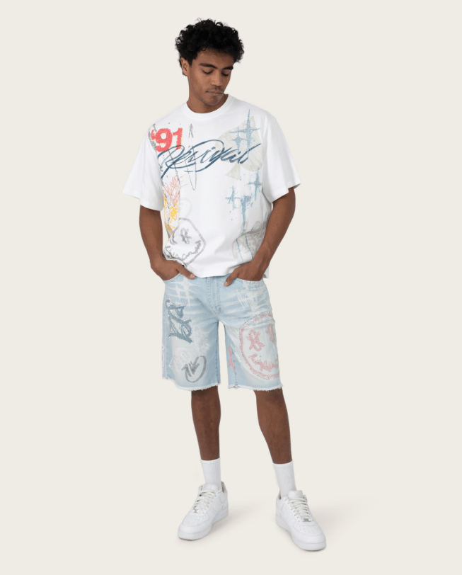 Smoke Rise Smiley Jean Shorts from On Time Fashions – Shorts by New World Creation, Birmingham AL’s 1 fashion store and premier destination for streetwear, suits, kids fashion, and big & tall