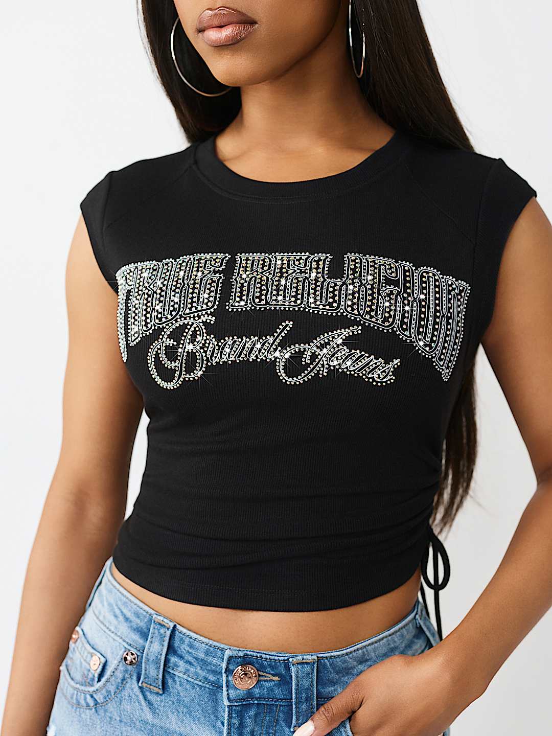True Religion crystal side-ruched baby tee, style 209887, in Black