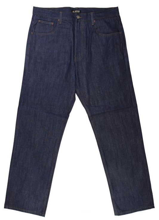 Raw indigo denim jeans on a white background