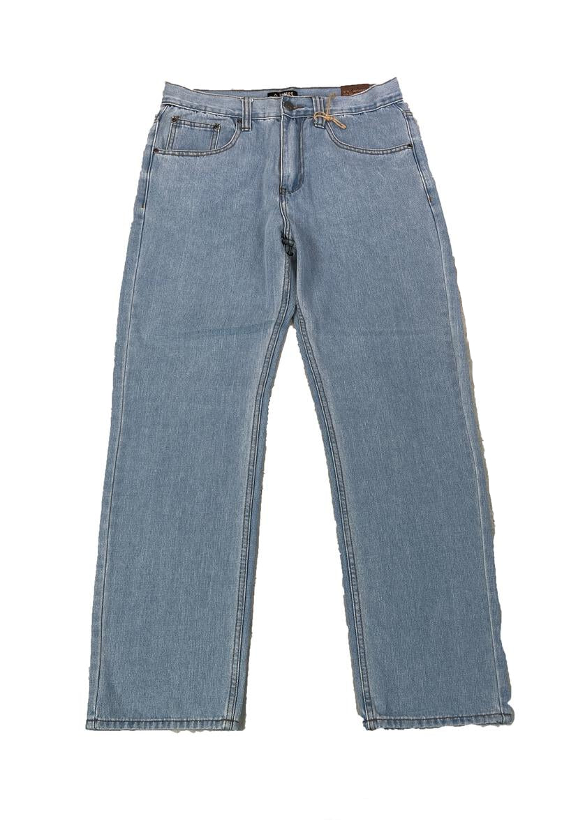 Light blue jeans on a white background with 'LT INDIGO' text.