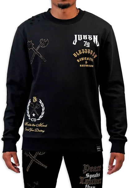Black sweatshirt with gold and white text and graphics on a white background